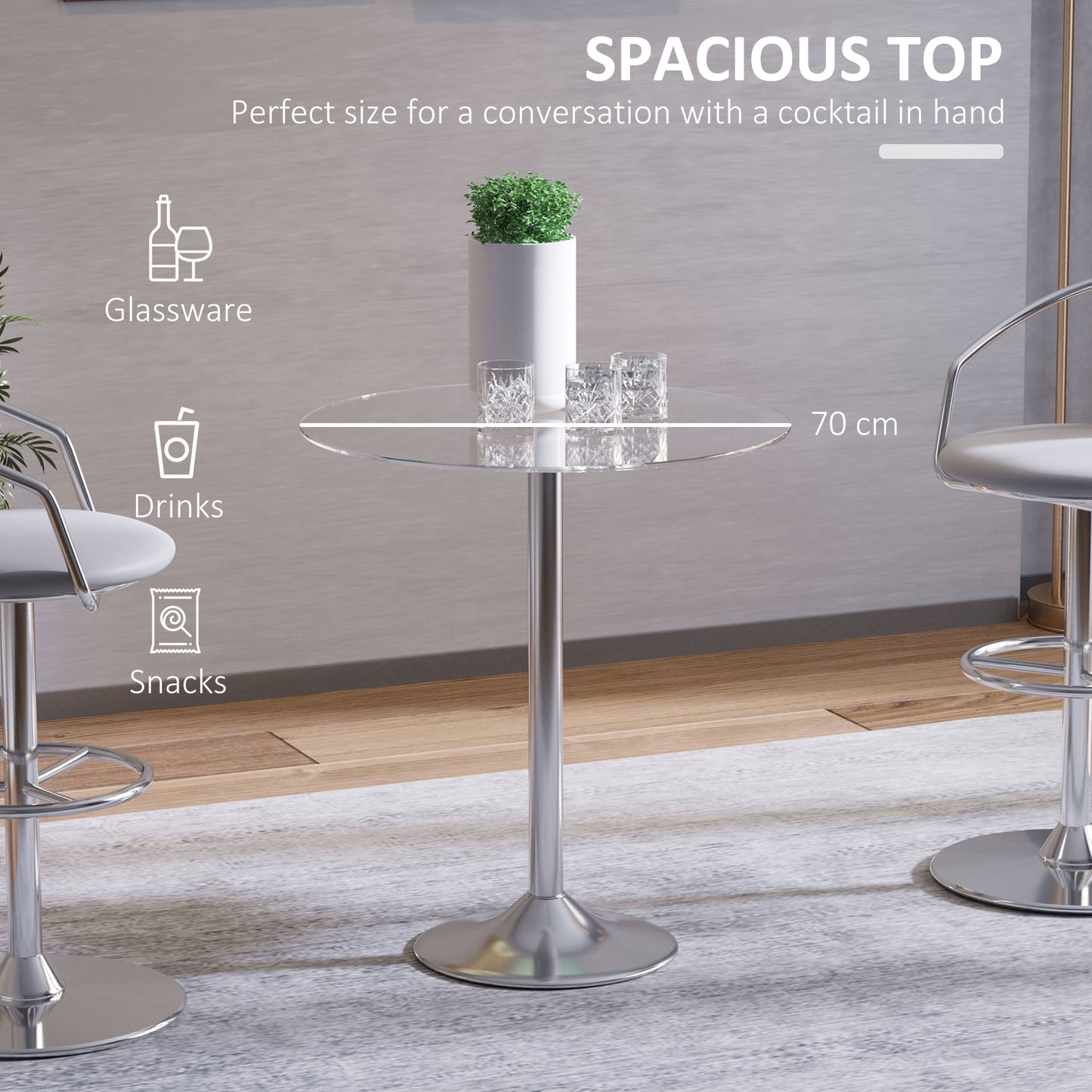 Diliha Metal And Glass Clear Round Dining Table With Steel Base For Compact Spaces