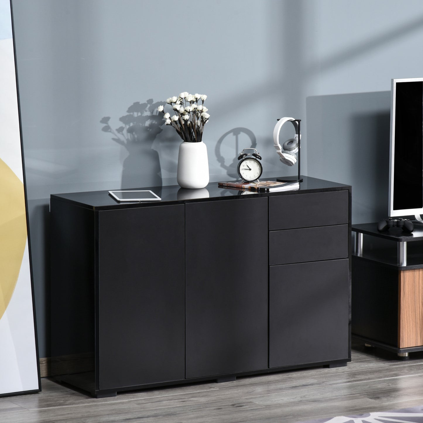 Lino High Gloss Black Sideboard With Push Drawers And 3 Doors