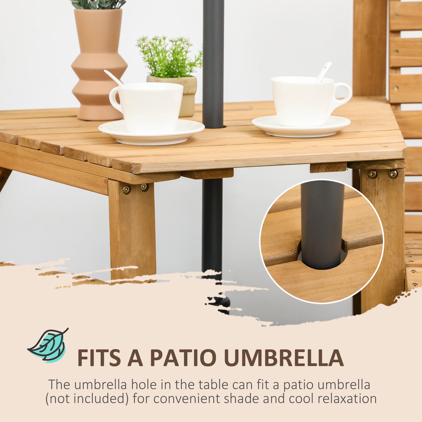 Moha Naturla Wood Garden Bistro Set Love Seat With Coffee Table And Parasol Hole Bench Set