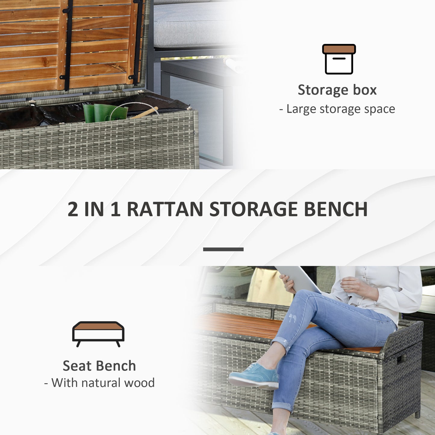 Vane Rattan Grey Outdoor Storage Bench Box With Natural Wood Effect Lid