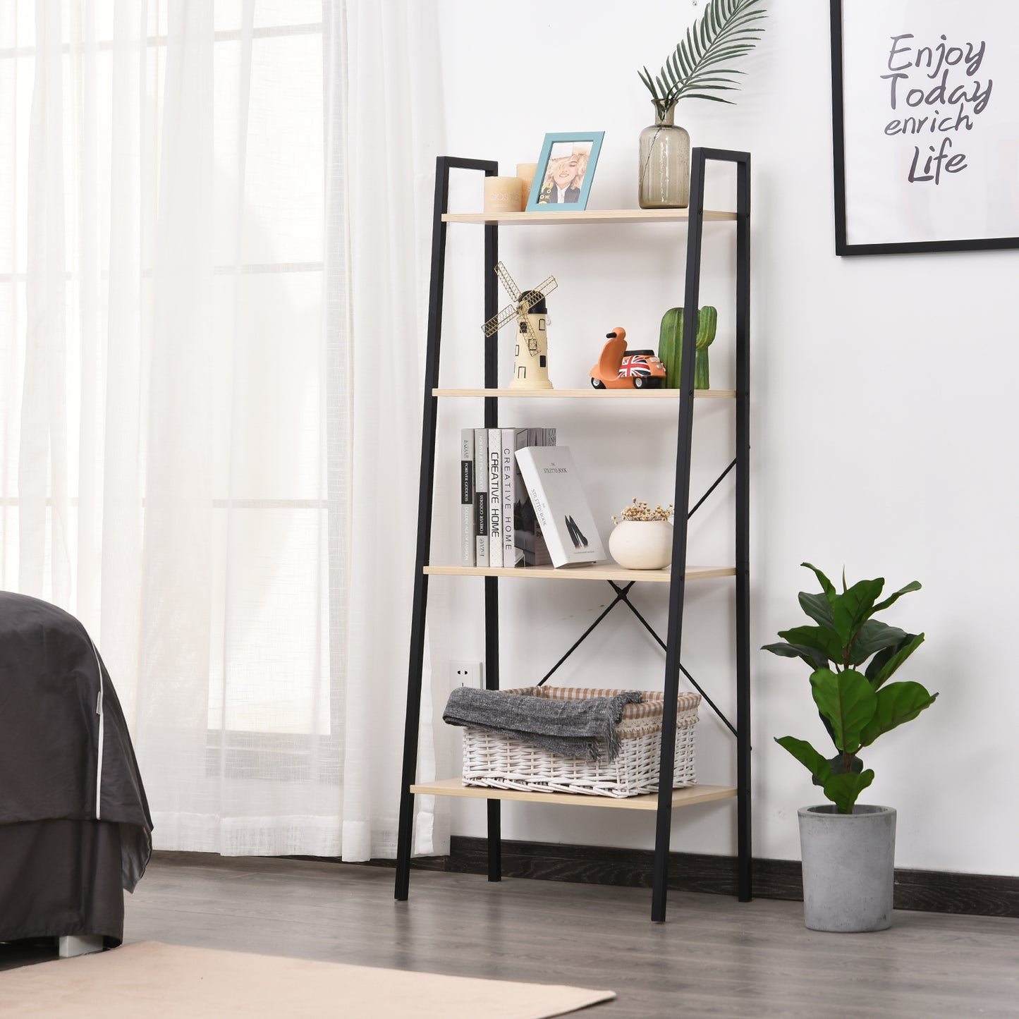 Karafi Lura Wood And Metal Oak And Black 4 Tier Ladder Style Bookshelf