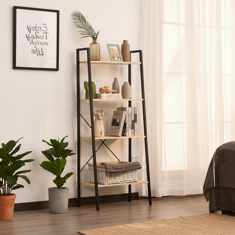 Karafi Wood And Metal Oak And Black 4 Tier Ladder Style Bookshelf