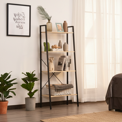 Karafi Wood And Metal Oak And Black 4 Tier Ladder Style Bookshelf