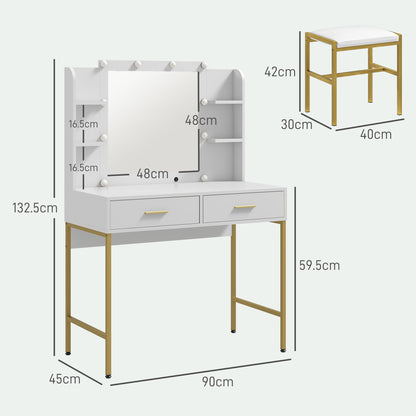 Doraro White LED Dressing Table With Lighted Mirror Cushioned Stool Drawers And Shelves