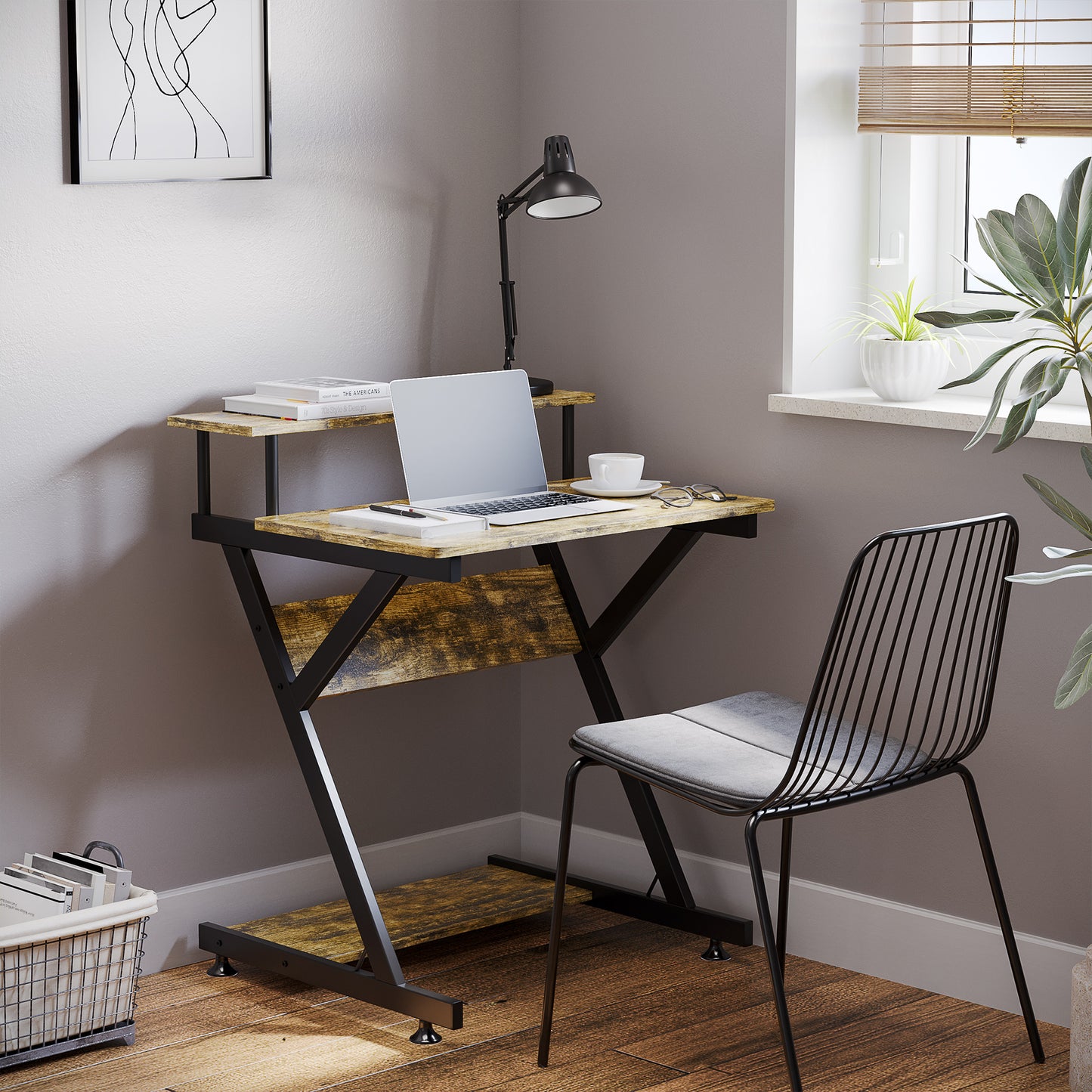 Lulose 70cm Small Black Metal And Wooden Rustic Brown Compact Industrial Desk With Monitor Stand
