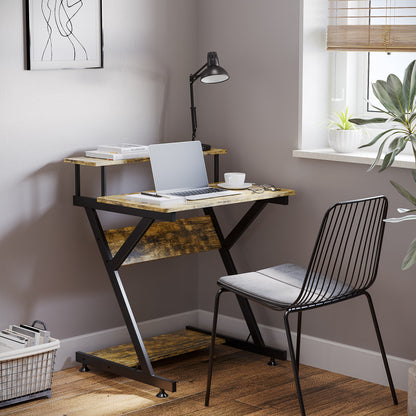Lulose 70cm Small Black Metal And Wooden Rustic Brown Compact Industrial Desk With Monitor Stand