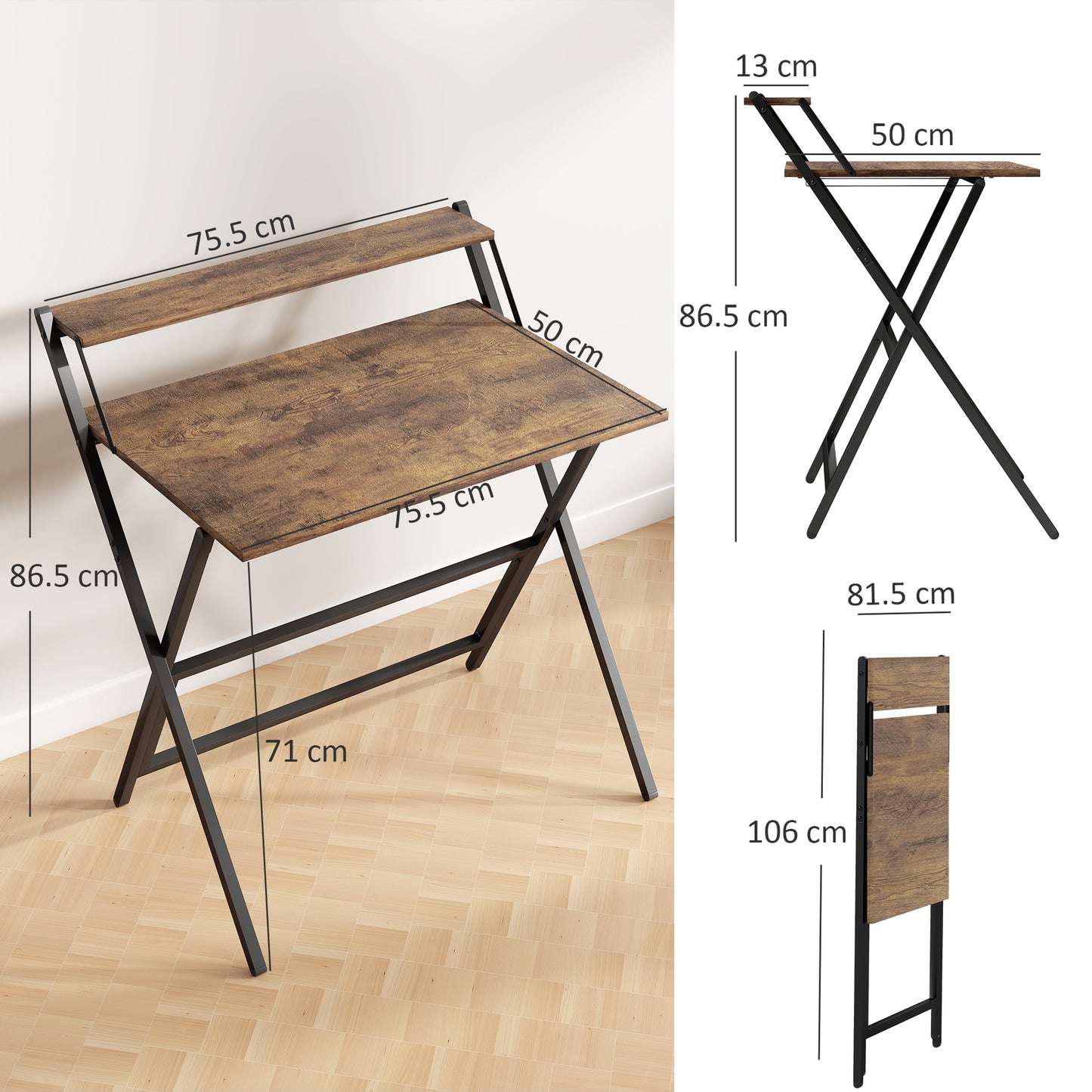 Veeldi 81cm Small Wooden Brown Rustic Folding Desk With Raised Monitor Shelf