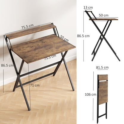 Veeldi 81cm Small Wooden Brown Rustic Folding Desk With Raised Monitor Shelf