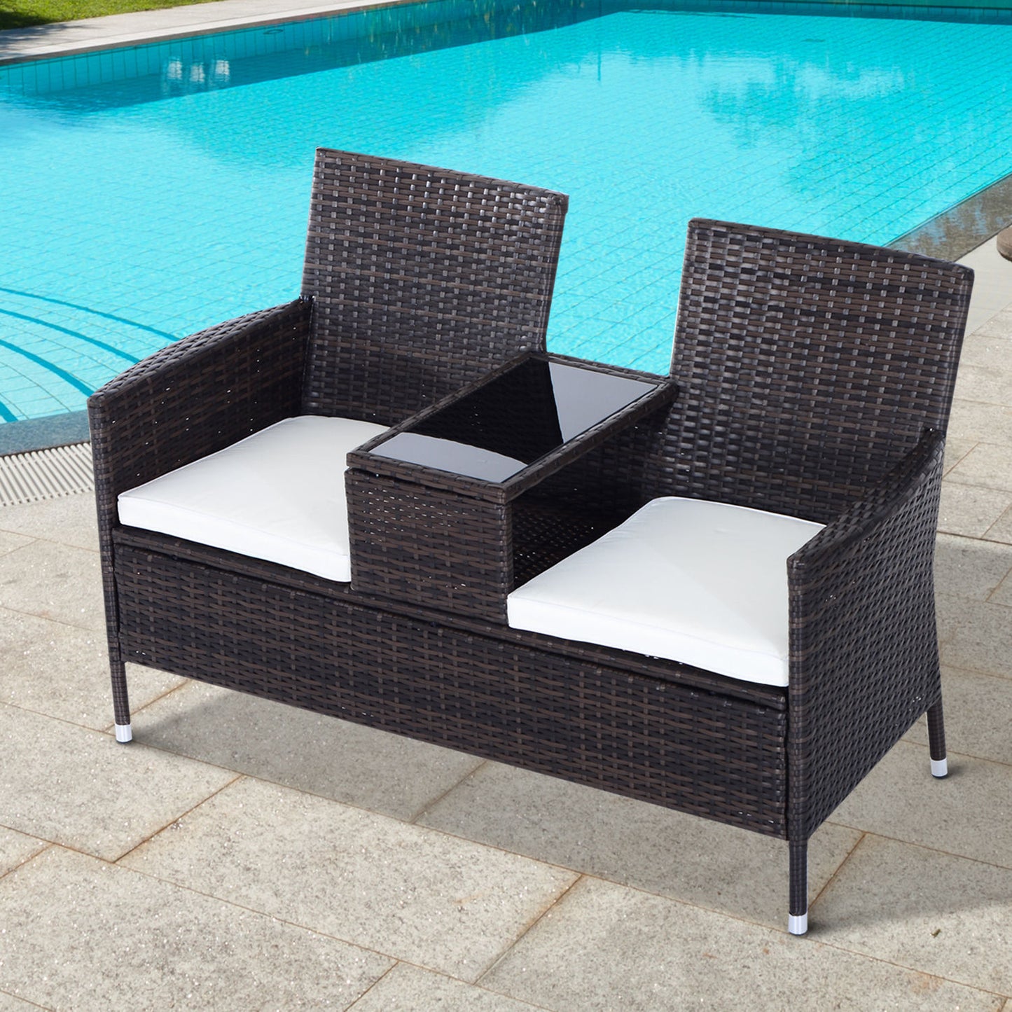 Vimivi Rattan Brown 2 Seater Outdoor Chair Set With Integrated Bistro Table