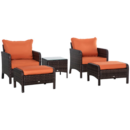 Moto Brown Faux Rattan 5 Piece Outdoor Bistro Set with Orange Cushions Stools And Glass Table