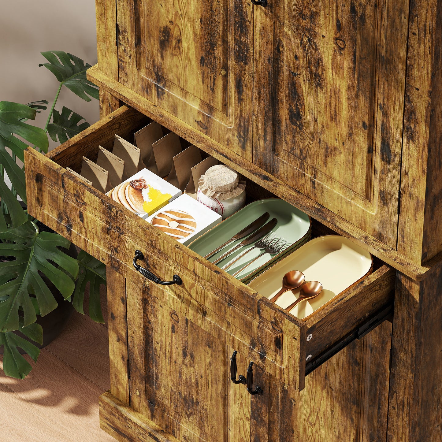 Zirolu 180cm Wooden Brown Tall Kitchen Pantry Cabinet with Drawer And Storage Shelves
