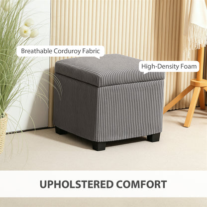 Creccette Corduroy Grey Storage Square Ottoman Bench With Removable Lid