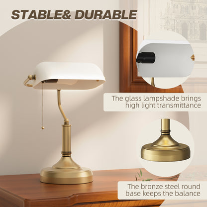 Yori Metal And Glass White Bankers Desk Lamp With Antique Bronze Tone Base