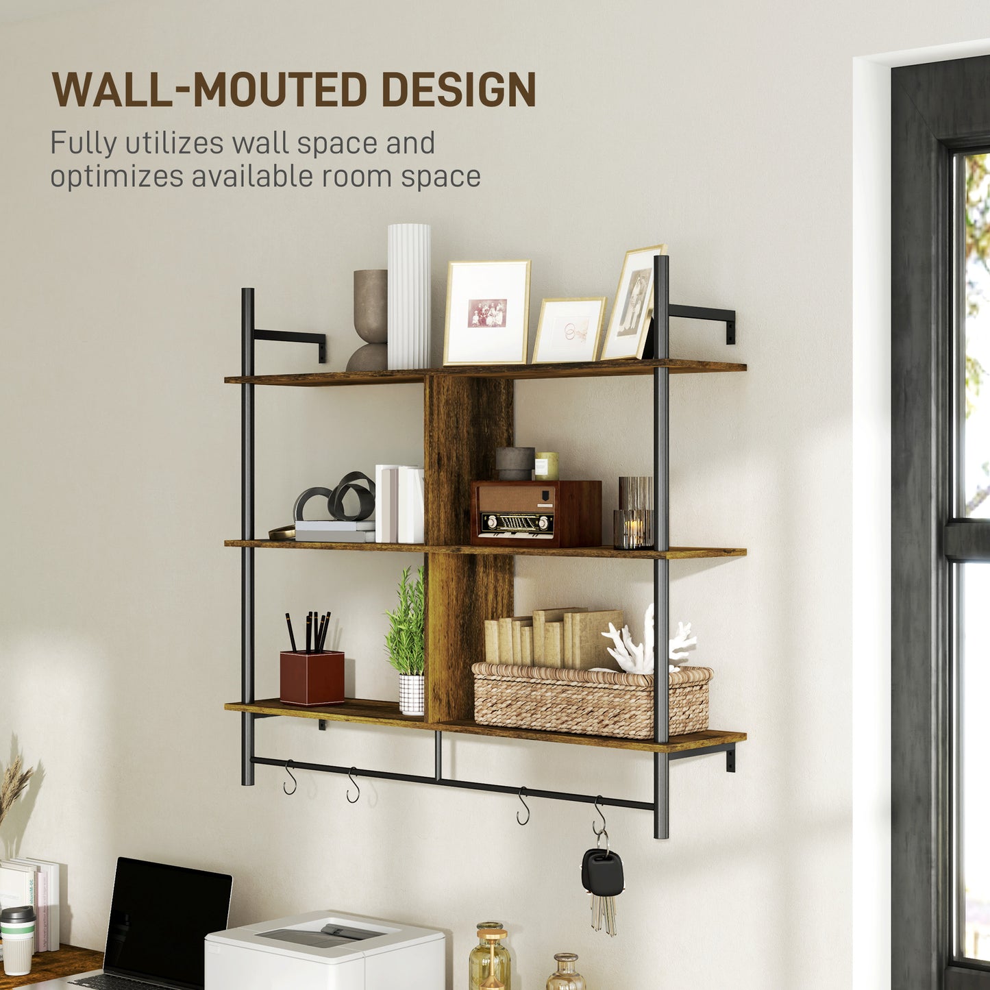Todoco Wood And Metal Brown And Black 3 Tier Floating Wall Shelves