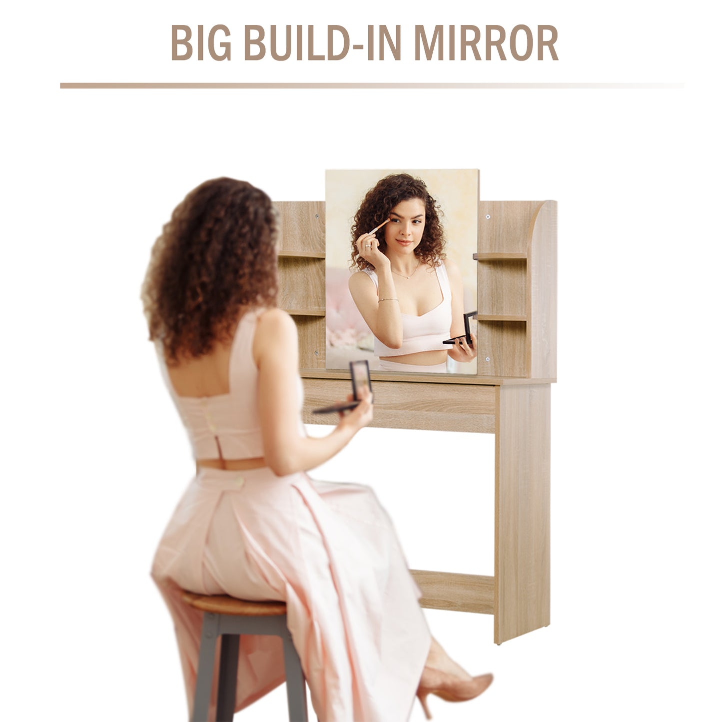 Vermani Natural Wood Dressing Table Desk With Mirror Large Drawers And 2 Tier Open Shelving For Bedroom