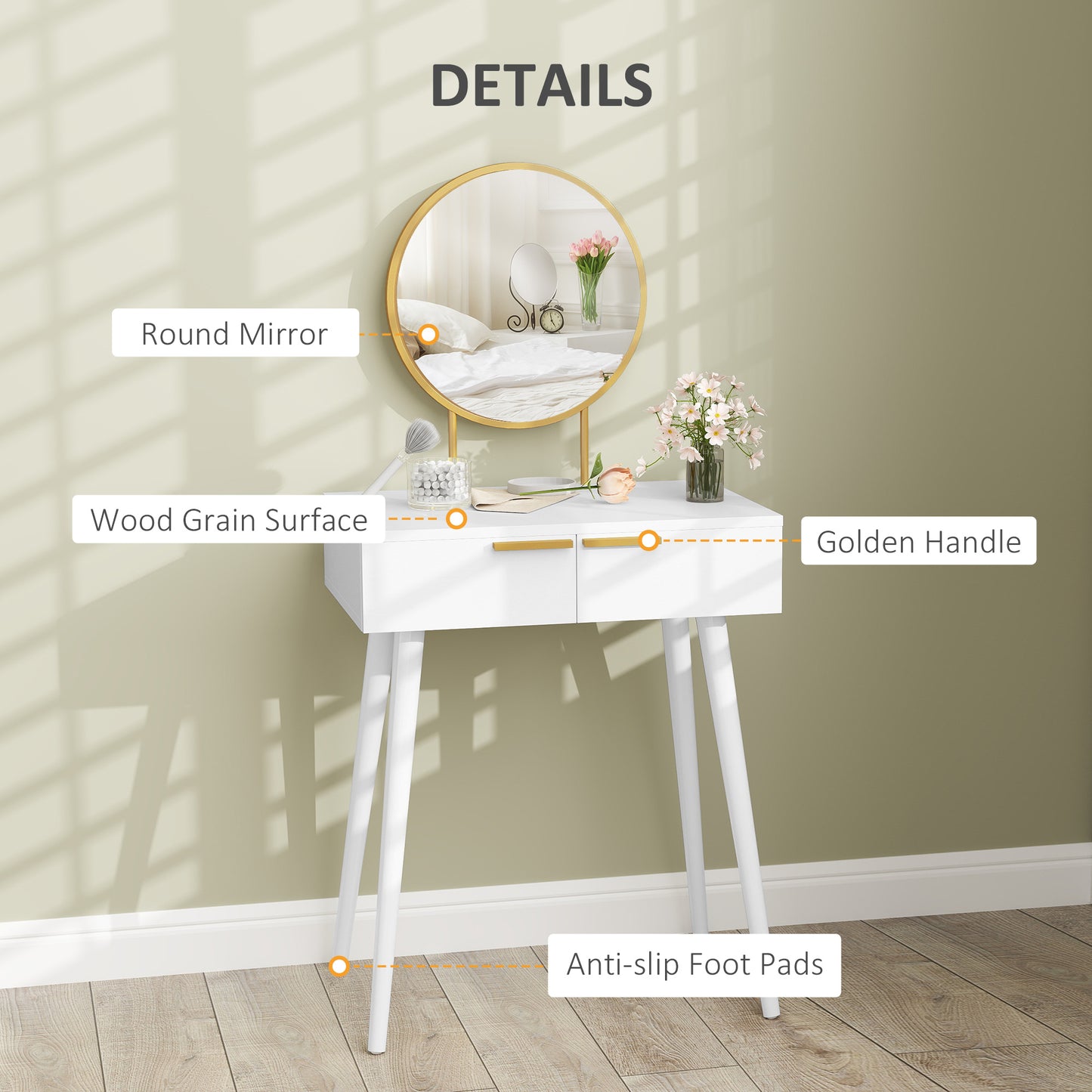 Sovaha White Elegant Dressing Table With Round Mirror 60 x 40 x 123cm
