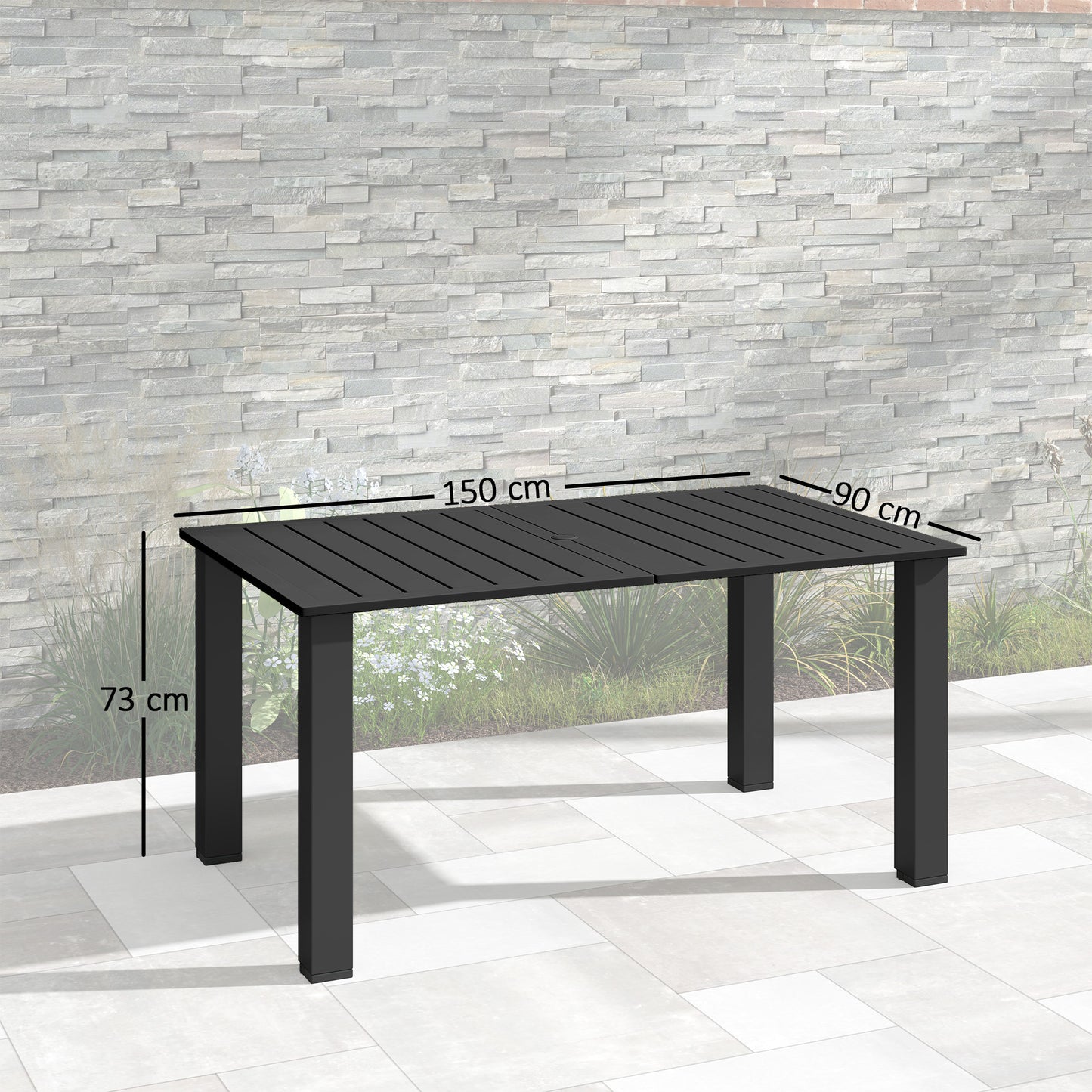 Diranovi Metal Black Rectangular Outdoor Dining Table With Slatted Top And Parasol Hole For 6