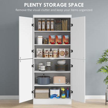 Nahado Wooden White 4 Door Tall Kitchen Cupboard With 6 Tier Storage And Adjustable Shelves
