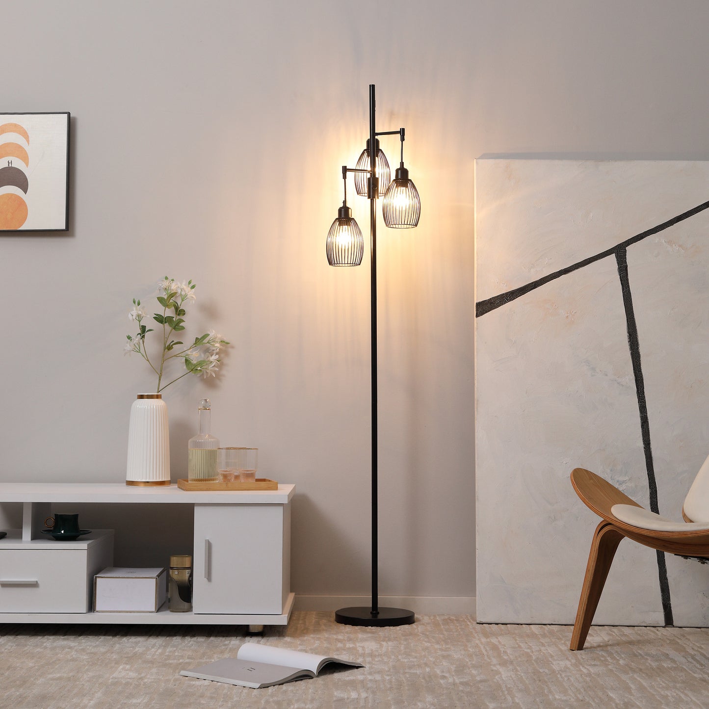 Elziba Metal Black Industrial 3 Light Floor Lamp With Wire Cage Shades 170 cm
