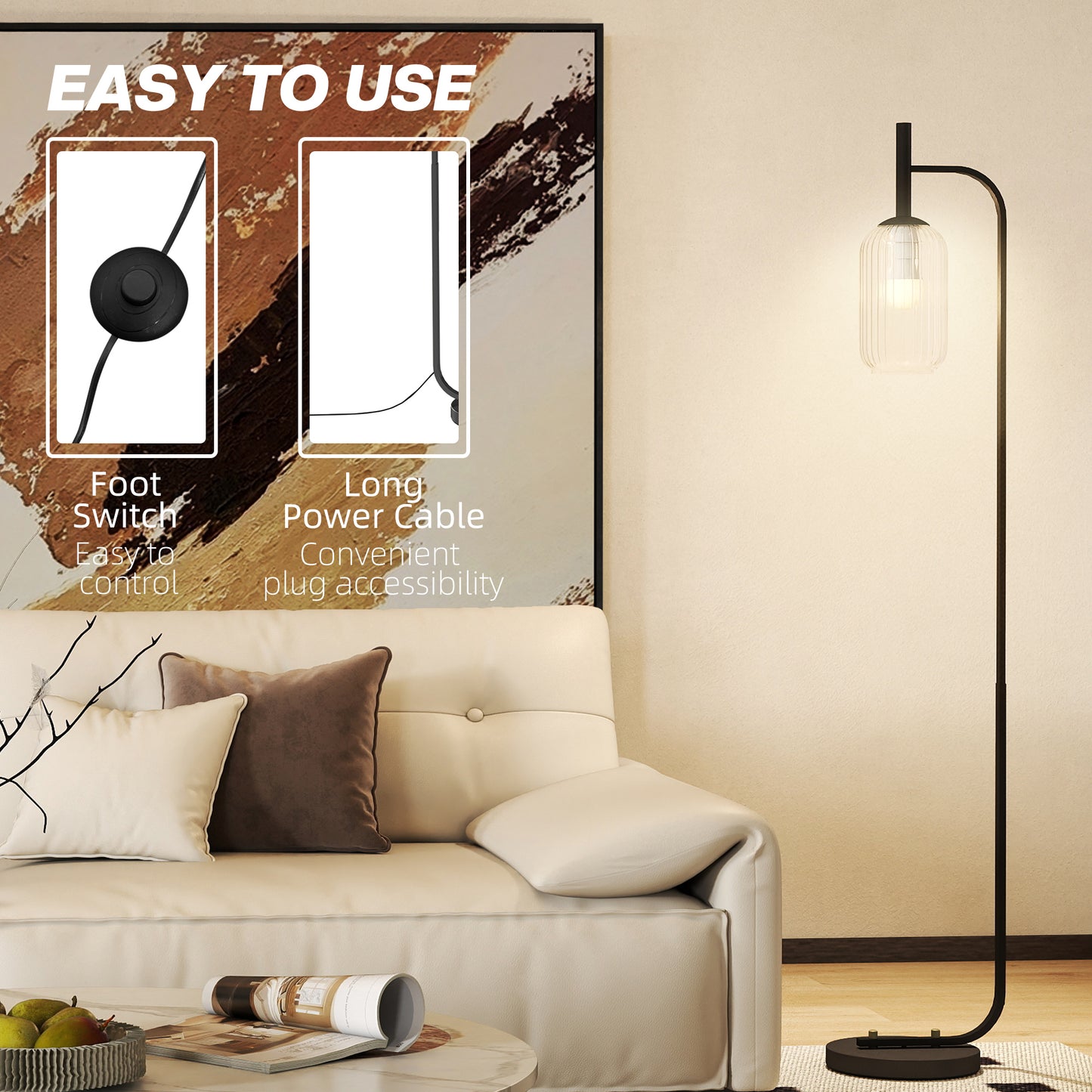 Line Metal Black Retro Floor Lamp With Ribbed Glass Shade