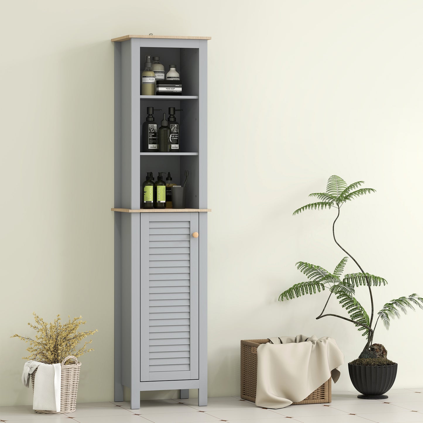 Pahafi Tall Bathroom Linen Storage Cabinet With Shelves And Cupboard Door In Grey