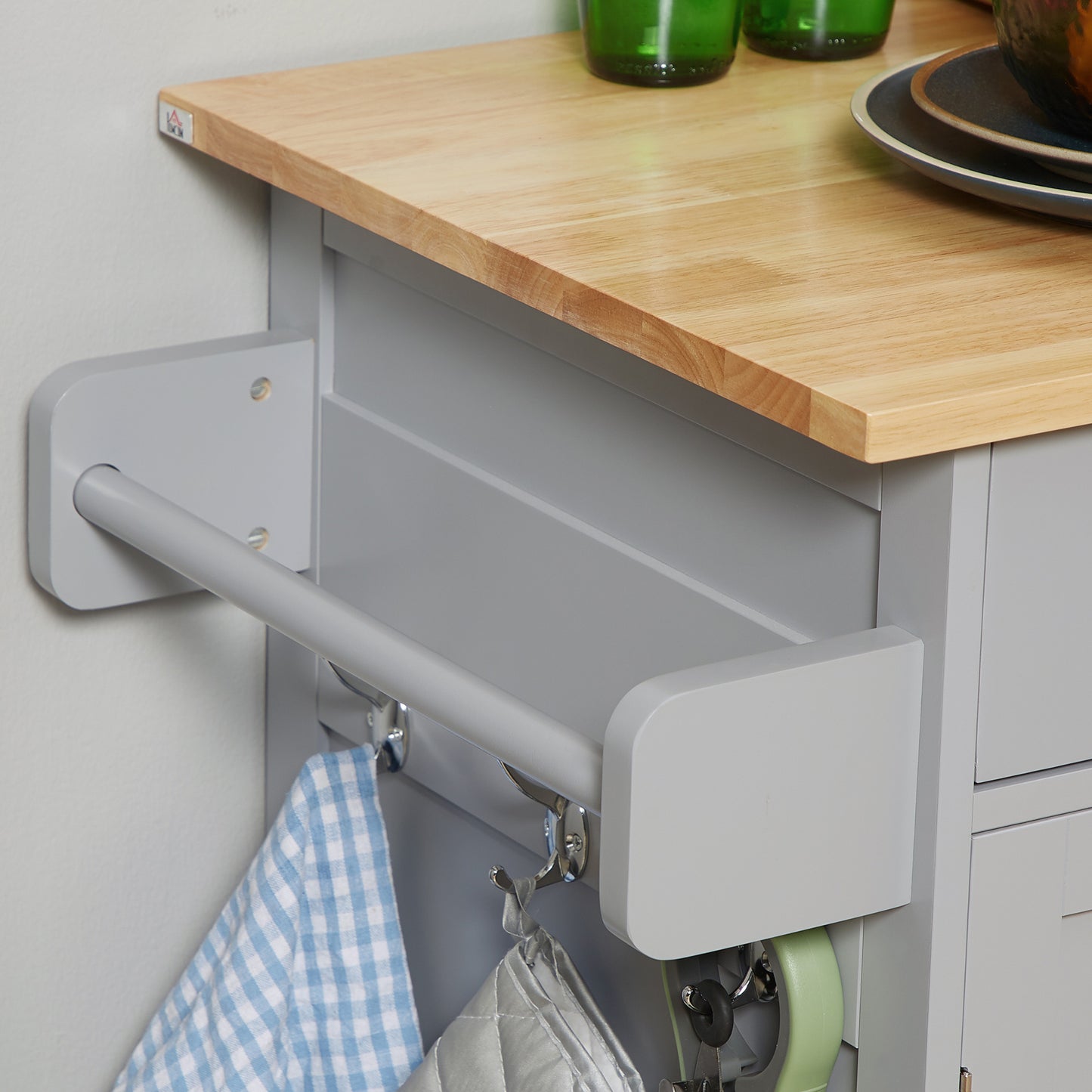 Mobani Natural Top Grey Wood Rolling Kitchen Island With Drawers Towel Rack And Hooks