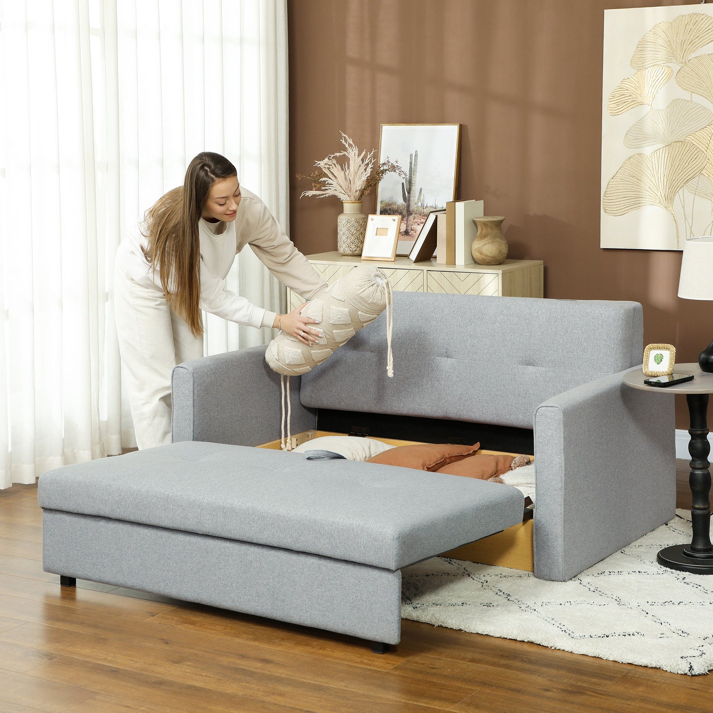 Tasa Fabric Light Grey 2 Seater Pull Out Sofa Bed With Storage And Cushions