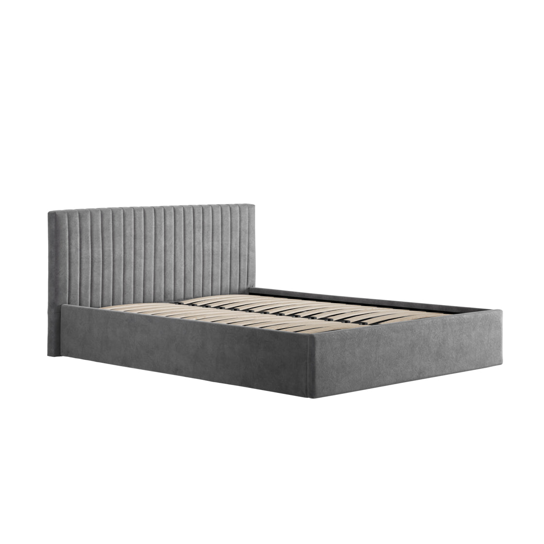 The Dublin Silver Upholstered 4ft6 Double Ottoman Bed features a ribbed headboard in gray fabric and wooden slats for support. This stylish double bed is shown without a mattress.