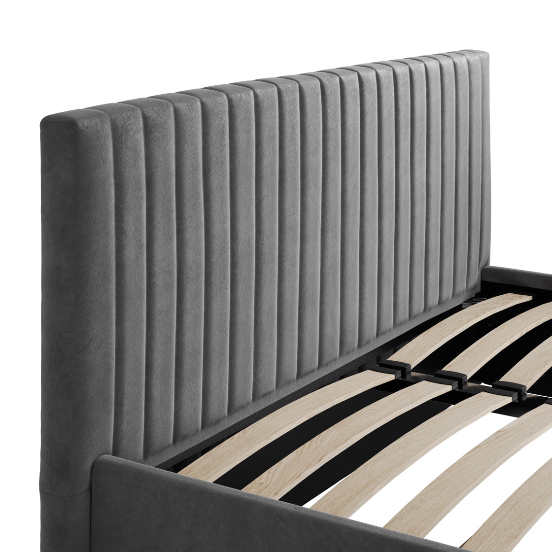 Close-up of the Dublin Silver Upholstered 4ft6 Double Ottoman Bed, showcasing its tall, vertically ribbed gray headboard and exposed wooden slats without a mattress.