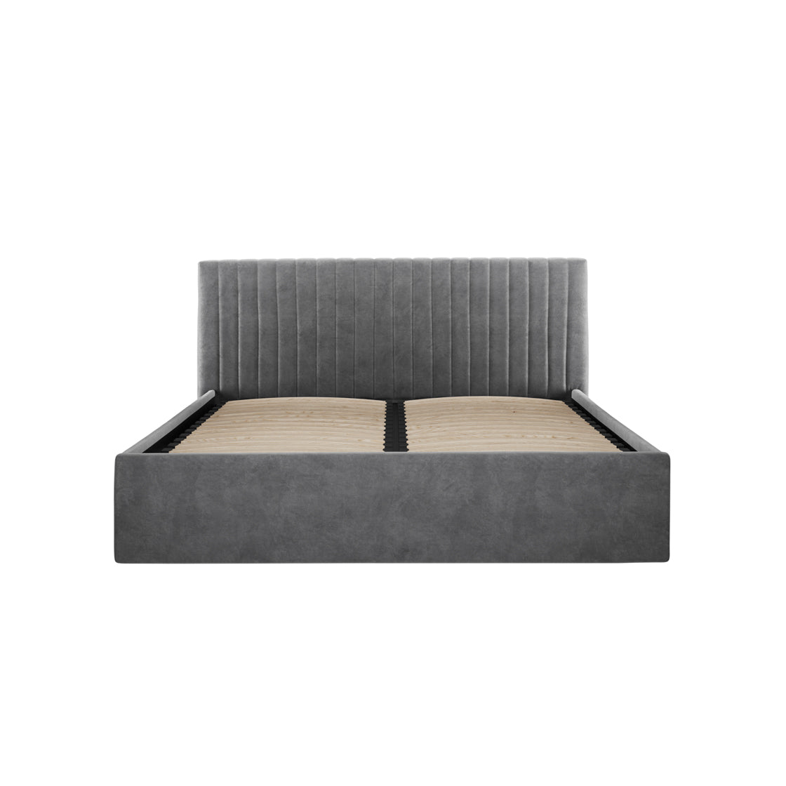 Front view of the Dublin Silver Upholstered 4ft6 Double Ottoman Bed with a tall, ribbed headboard and wooden slats, shown without a mattress??deal as a stylish velvet centerpiece for modern bedrooms.
