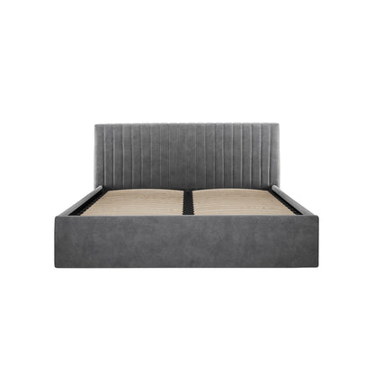 Front view of the Dublin Silver Upholstered 4ft6 Double Ottoman Bed with a tall, ribbed headboard and wooden slats, shown without a mattress??deal as a stylish velvet centerpiece for modern bedrooms.