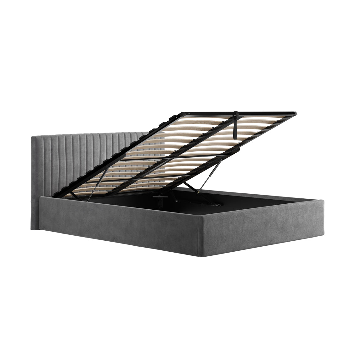 The Dublin Silver Upholstered 4ft6 Double Ottoman Bed features a modern ribbed headboard in grey and a lift-up slatted base that reveals spacious under-bed storage.