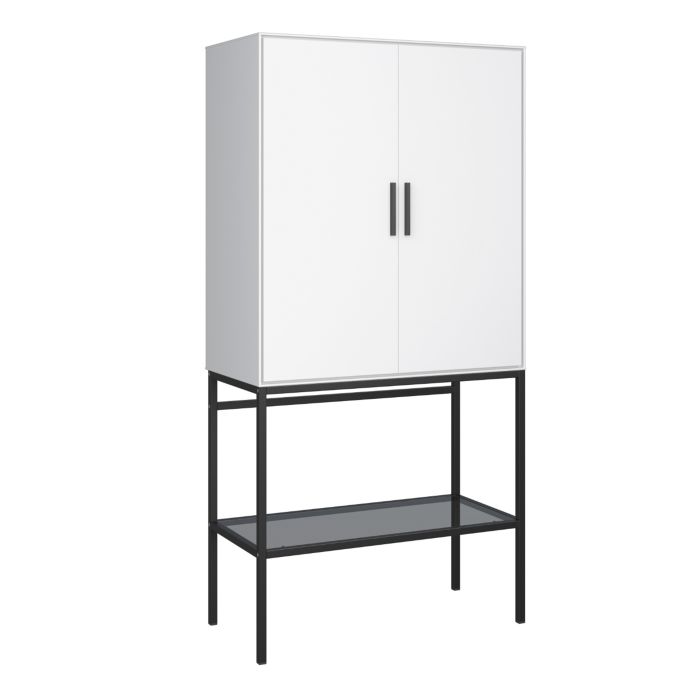 Vienna White Slim Tall Cabinet Black Metal Legs 2 Doors 4 Shelves
