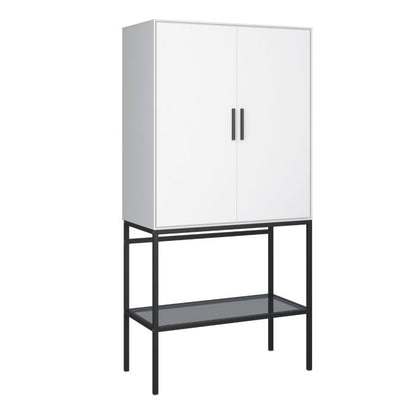 Vienna White Slim Tall Cabinet Black Metal Legs 2 Doors 4 Shelves