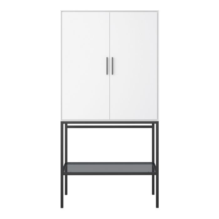 Vienna White Slim Tall Cabinet Black Metal Legs 2 Doors 4 Shelves