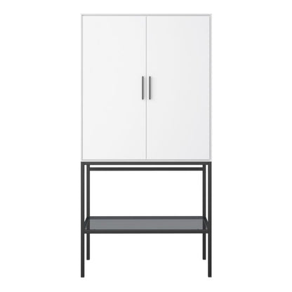 Vienna White Slim Tall Cabinet Black Metal Legs 2 Doors 4 Shelves