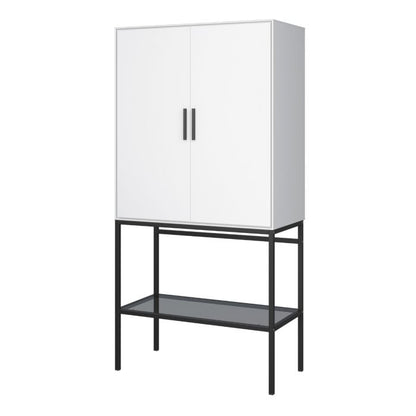 Vienna White Slim Tall Cabinet Black Metal Legs 2 Doors 4 Shelves