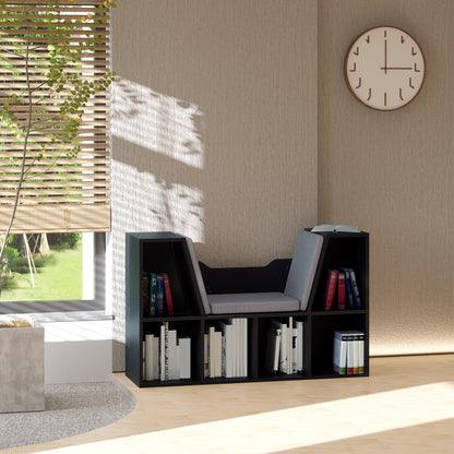 Yofilo Wood And Fabric Black Cube Bookcase With Built In Reading Seat