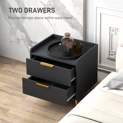 Vevele Black Elegant 2 Drawer Ribbed Bedside Table with Gold Accents