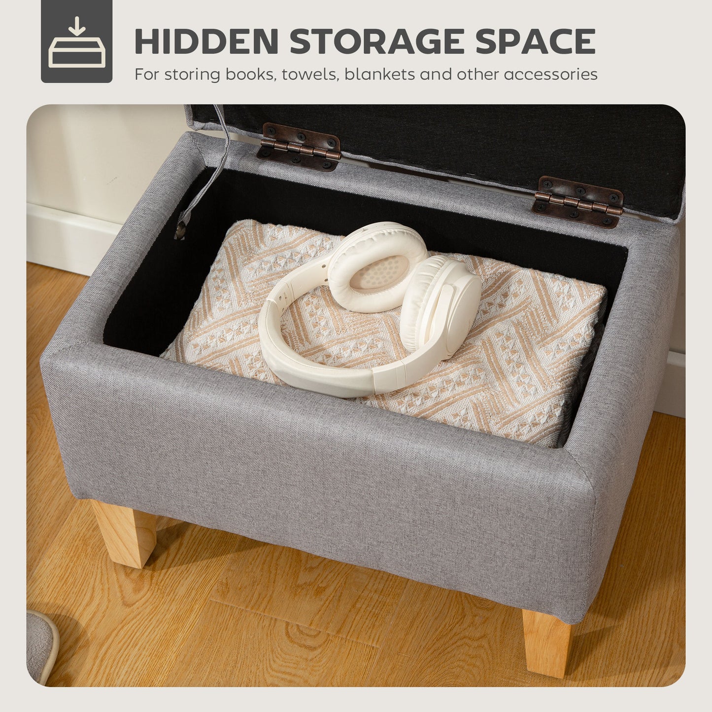 Tonale Linen Light Grey Compact Storage Footstool With Natural Wooden Legs