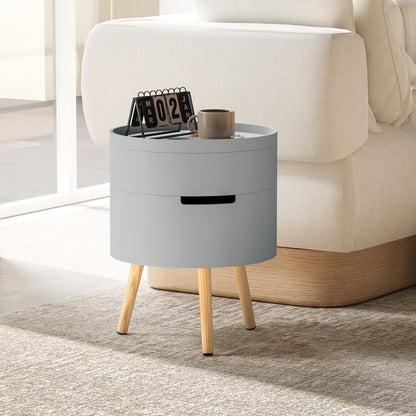Pano Wooden Grey Round 3 Tier Bedside Table With Hidden Storage And Tray Top