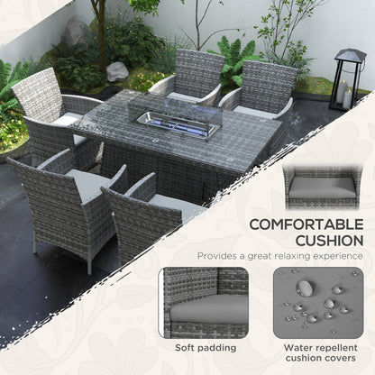 Ravezi Rattan Grey 6 Seater Garden Dining Set With Fire Pit Table Glass