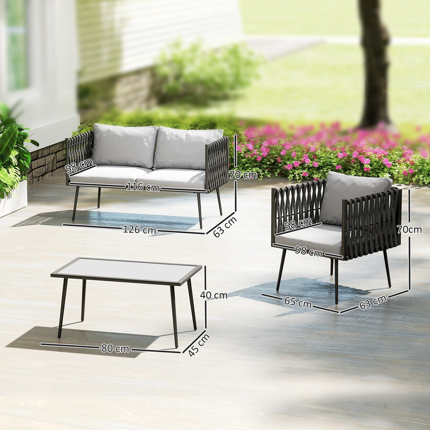 Salitte Rattan Rope Grey 4 Seater Outdoor Furniture Set With Cushions