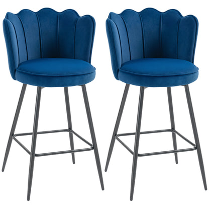 Yovafi Set Of 2 Dark Blue Velvet Upholstered Lotus Style Bar Stools