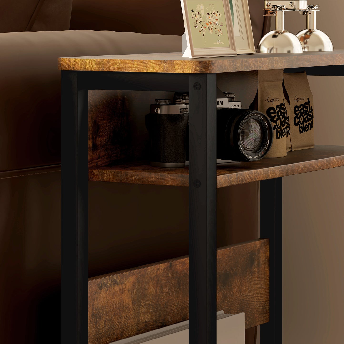 Novizi Metal And Wooden Black And Brown Industrial Style Side Table