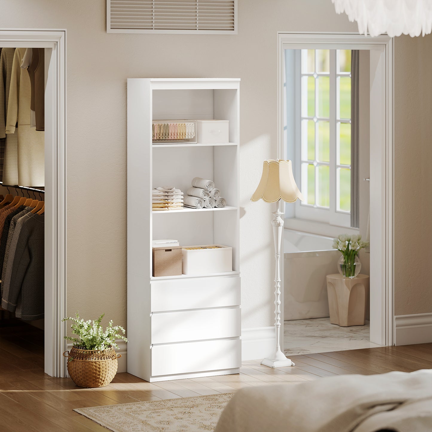 Seso Wood White Tall Bookcase With Shelves And Integrated Drawers 180 cm