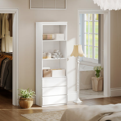 Seso Wood White Tall Bookcase With Shelves And Integrated Drawers 180 cm