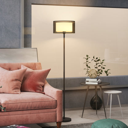 Mira Metal And Fabric Black Minimalist Floor Lamp With Double Layer Shade And Foot Switch