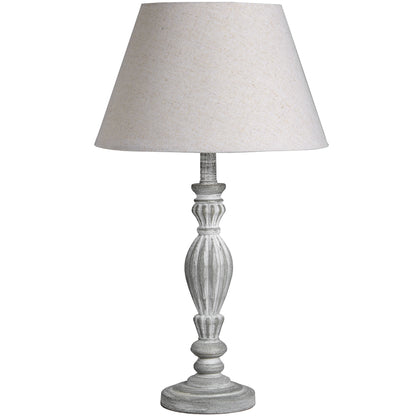 Milan Distressed Grey Farmhouse Carved Wooden Table Lamp with Cream Linen Shade