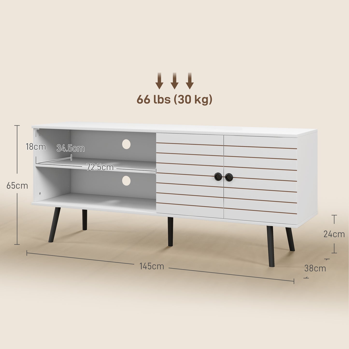 Lare 145cm Wooden White TV Unit With Stripe Doors Open Shelves And Wooden Legs
